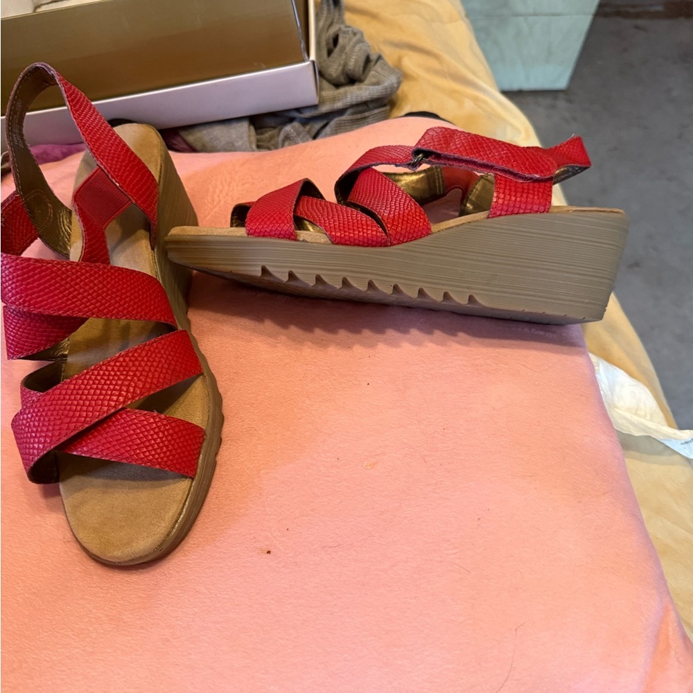 Red Strappy Wedge Sandals